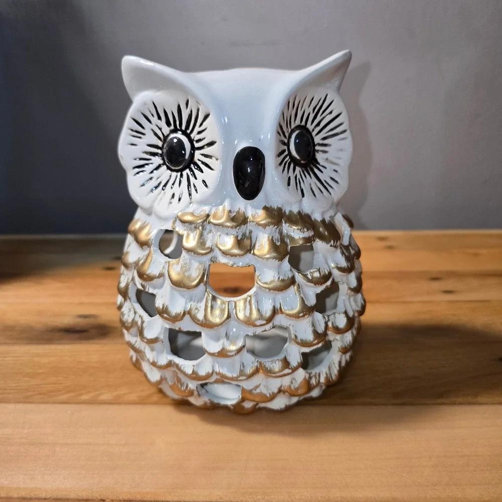 Hobby Lobby White Ceramic Owl Candle Holder Gold Accents Fall 2022 HL9182185